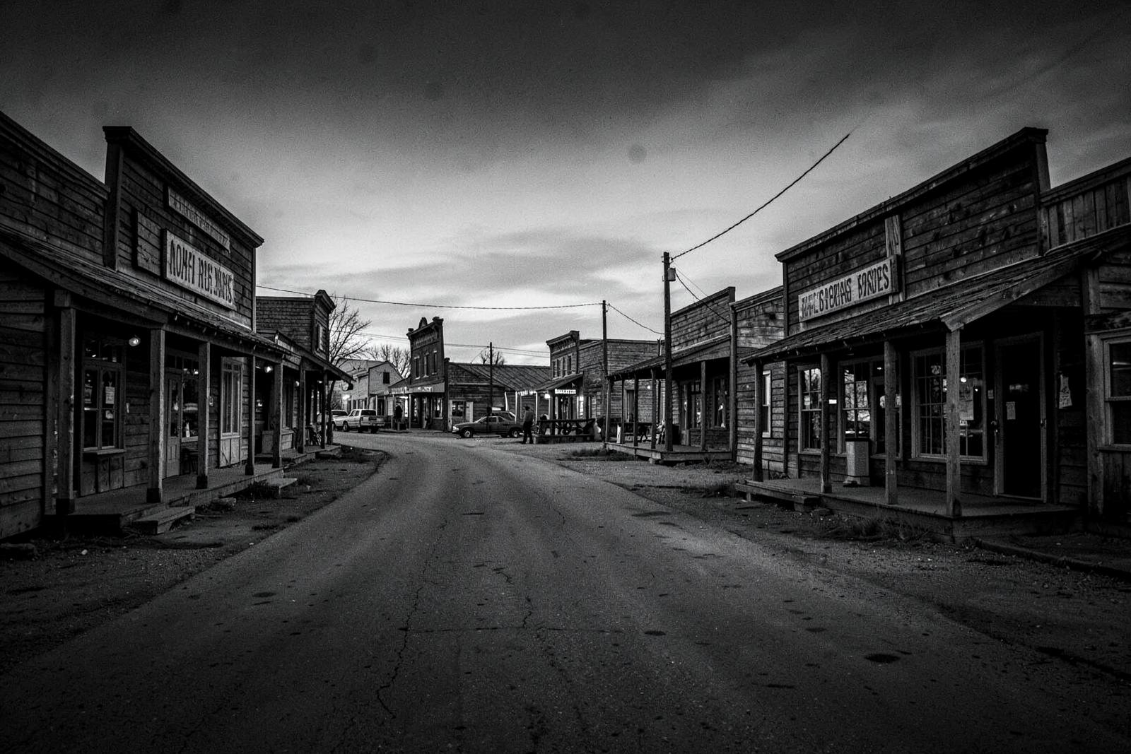 Medora, North Dakota street in black and white